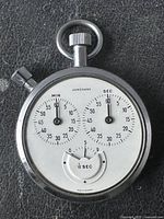 Front view showing dial, sub-dials, crown and pusher