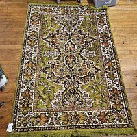 Full view of Persian style rug showing pattern and dimensions