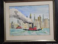 Close view of framed watercolor showing tugboat scene and skyline
