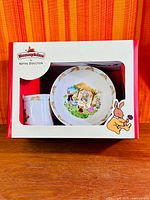 Front view of boxed Bunnykins gift set showing bowl and cup through window