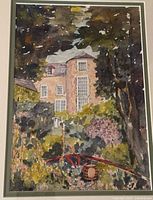 Close view of watercolor detailing house and garden