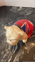 Top front view of ceramic bulldog showing Union Jack design