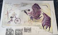 Full view of unframed collage print showing fish, bicycle and photo strip