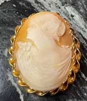 front view of cameo showing carved woman and gold frame