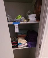 Closet view with cleaning pads on top shelf and folded towels on lower shelf