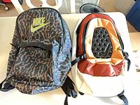 Front view of both Nike backpacks showing colors and logos