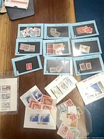 Overall view of stock cards and loose stamps on table