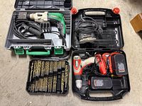 All cases open showing Hitachi drill, palm sander, cordless drill set and drill bits