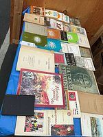 Top-down view showing majority of pamphlets and books laid out