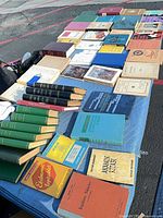 Wide view showing majority of books laid out on table