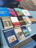 All twelve books laid out on a blue moving pad for overview