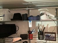 shelf showing hats, neck pillow, massager, storage bin, bag, pen holders, framed picture
