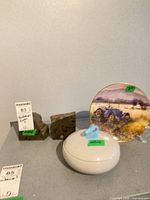 Full lot with stone bookends, collector plate, lidded dish