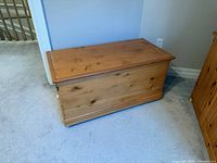 Full view of pine blanket box closed, showing lid and front panel