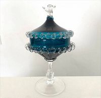 Full view of Murano blue peacock covered candy dish on pedestal