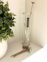 Glass carafe with St-Germain logo, twisted spoon inside, stir sticks laid out