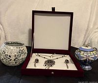 All three items: jewellery set in box, dragonfly music box, mosaic tealight holder