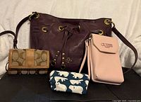 Group shot of all four items: burgundy purse, Coach wallet, Guess wristlet, polar bear coin pouch