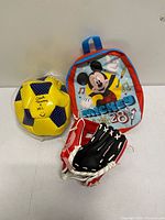 Backpack, ball in net, glove together front view