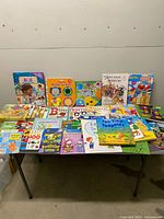 Front view of entire lot of children’s books spread on table