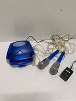 Karaoke player, two microphones, power adapter laid out together
