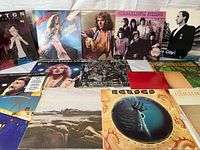 Overall view of 14 LPs laid out showing sleeves and artwork