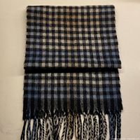 Full view of folded scarf showing check pattern and fringe