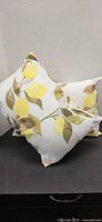 Two lemon print pillows displayed side by side