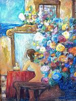 Close-up of central area with seated nude, flowers and mirror