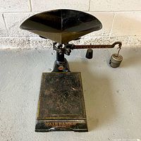 Full view of Fairbanks platform scale with tray and weights