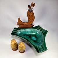 Ashtray, salt & pepper shakers, wooden fish fork holder with forks