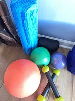 Blue foam roller, mini stability balls, black carry bag visible