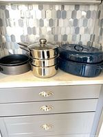 All cookware pieces grouped on counter