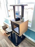 Full view of cat tree with cube condo, perches, filters and fountain