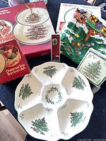 Entire lot showing divided dish, boxed bon-bon and tier tray, utensil, napkins, coasters