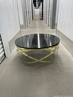 Full view of round table in storage corridor