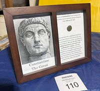 Framed display with portrait of Constantine and historical text