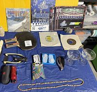 Overview of entire lot on blue table covering