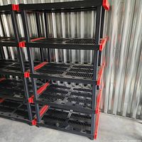 Side view of multiple black and red Craftsman shelving units