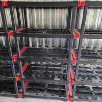 Four assembled shelving units side by side