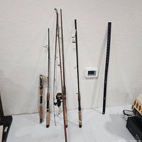 Four fishing rods and metal gaff leaning against wall