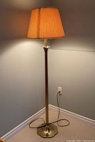 Full view of brass floor lamp illuminated with pleated shade