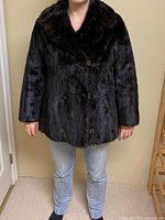 Front view of dark brown mink fur jacket worn by model showing double-breasted design and collar