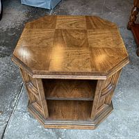 Full top view showing octagonal shape and parquet wood pattern