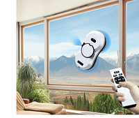 Marketing image showing robot on window with remote in hand