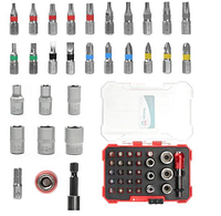 Stock image showing contents laid out: 18 short bits, 7 nut drivers, bit holder, adapter, magnetic sleeve, storage case