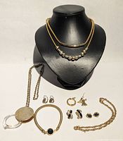 Overview of all 12 jewelry pieces displayed on bust and surface