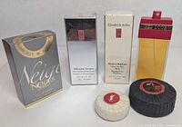 Front view of all boxed items, Red Door bottle, and both wrapped soaps