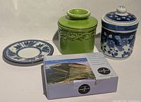 Overall lot: lidded jar, butter crock, saucer, boxed Sagaform set