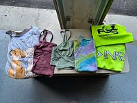 All six tops laid flat: Disney Lion King top, burgundy tank, olive crop tank, tie-dye tank, two stacked neon FOS pinnies
